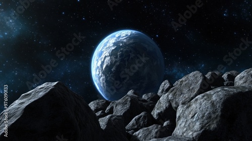 The breathtaking view showcases Earth emerging from the rocky terrain of an asteroid field, surrounded by a deep star-filled sky and the vastness of space at night