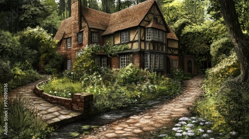 A quaint rustic house stands amidst vibrant greenery, with a winding stone path leading to its entrance. The sun filters through the trees, creating a peaceful atmosphere