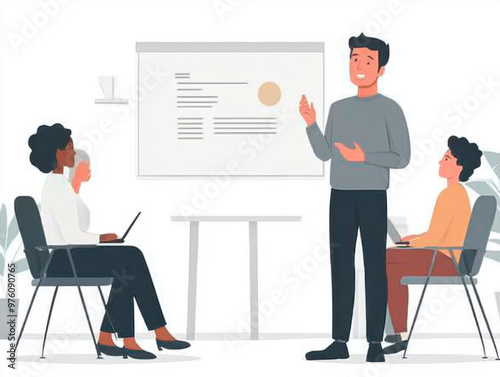 man speaking on a business training standing in office during a conference or seminar for a group of diverse people company employees sitting on chairs in meeting room.