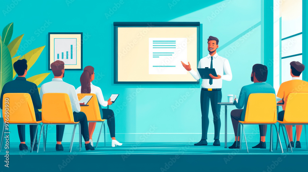 man speaking on a business training standing in office during a conference or seminar for a group of diverse people company employees sitting on chairs in meeting room. man speaking on a business training standing in office during a conference or seminar for a group of diverse people company employees sitting on chairs in meeting room.