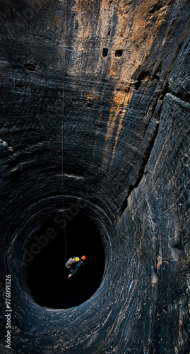 Climber rappelling into a deep, vertical cave formation with layered stone walls, equipped with headlamp and rope, highlighting extreme adventure and exploration photo