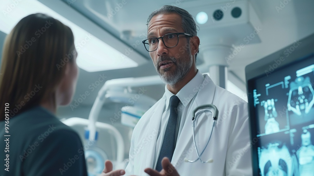 Medical doctor in a hospital setting examining patient X-ray with colleagues, discussing treatment options, modern equipment and technology in the background Medical doctor in a hospital setting examining patient X-ray with colleagues, discussing treatment options, modern equipment and technology in the background
