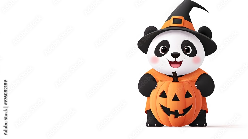 Cute Panda Wearing Witch Hat Holding Jack o Lantern Pumpkin for Halloween Cute Panda Wearing Witch Hat Holding Jack o Lantern Pumpkin for Halloween
