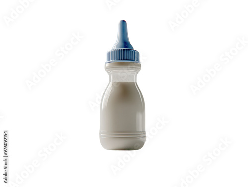 Baby bottle filled with milk, featuring a blue cap, isolated on white background. PNG transparent.