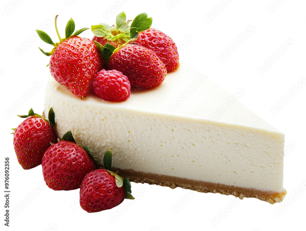 Slice of creamy cheesecake topped with strawberries, isolated on white background. PNG transparent.
