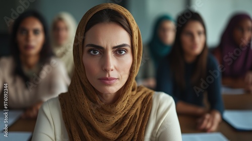 A woman in a headscarf sits at the front of a classroom, displaying a serious expression as she engages in a group discussion with attentive peers behind her