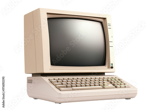 Vintage CRT monitor with a beige frame, isolated on a white background. PNG transparent.