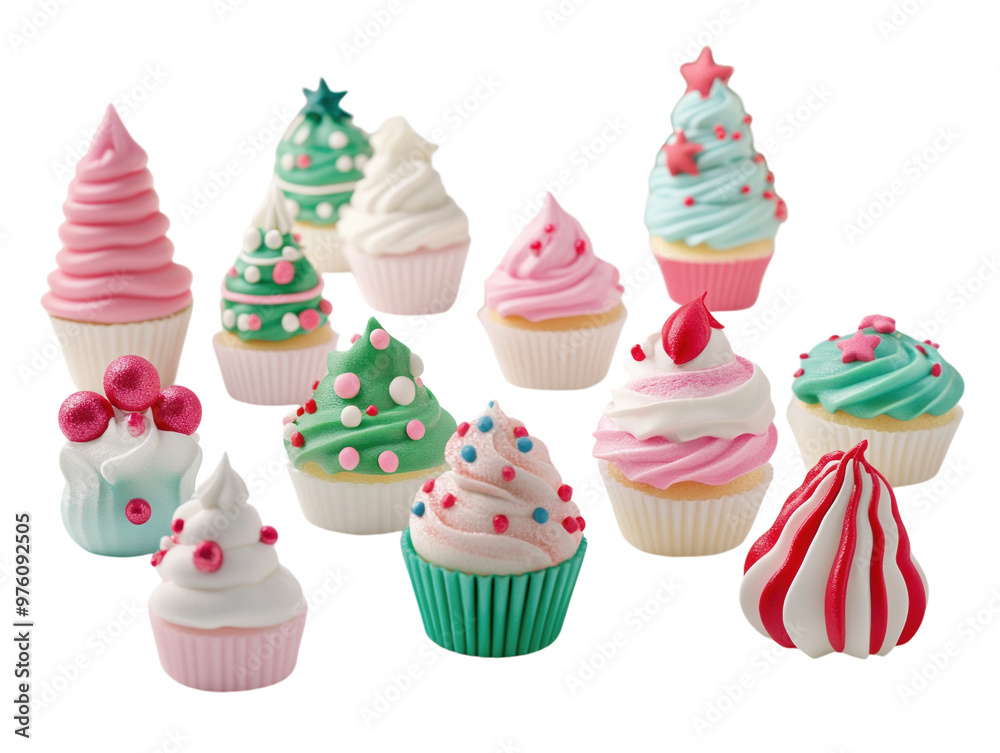 Set of Christmas cupcakes with colorful frosting and festive decorations, isolated on white. PNG transparent. Set of Christmas cupcakes with colorful frosting and festive decorations, isolated on white. PNG transparent.