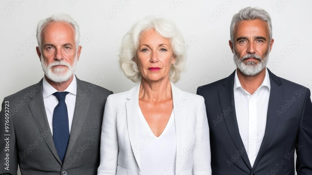 Three individuals with silver hair stand side by side, each wearing formal attire. The middle person has a striking appearance, exuding confidence and style, creating an impactful visual Three individuals with silver hair stand side by side, each wearing formal attire. The middle person has a striking appearance, exuding confidence and style, creating an impactful visual