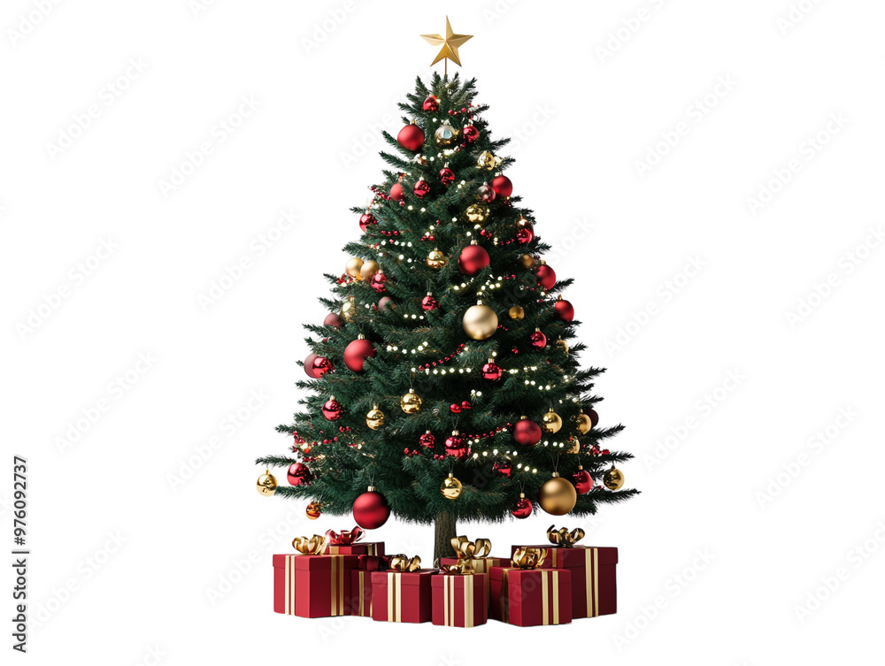 Beautifully decorated Christmas tree with red and gold ornaments and gifts underneath. PNG transparent. Beautifully decorated Christmas tree with red and gold ornaments and gifts underneath. PNG transparent.