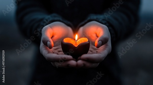 Warm light emanates from a heart-shaped candle held gently between open hands, symbolizing love and tranquility amidst the encroaching darkness of twilight photo