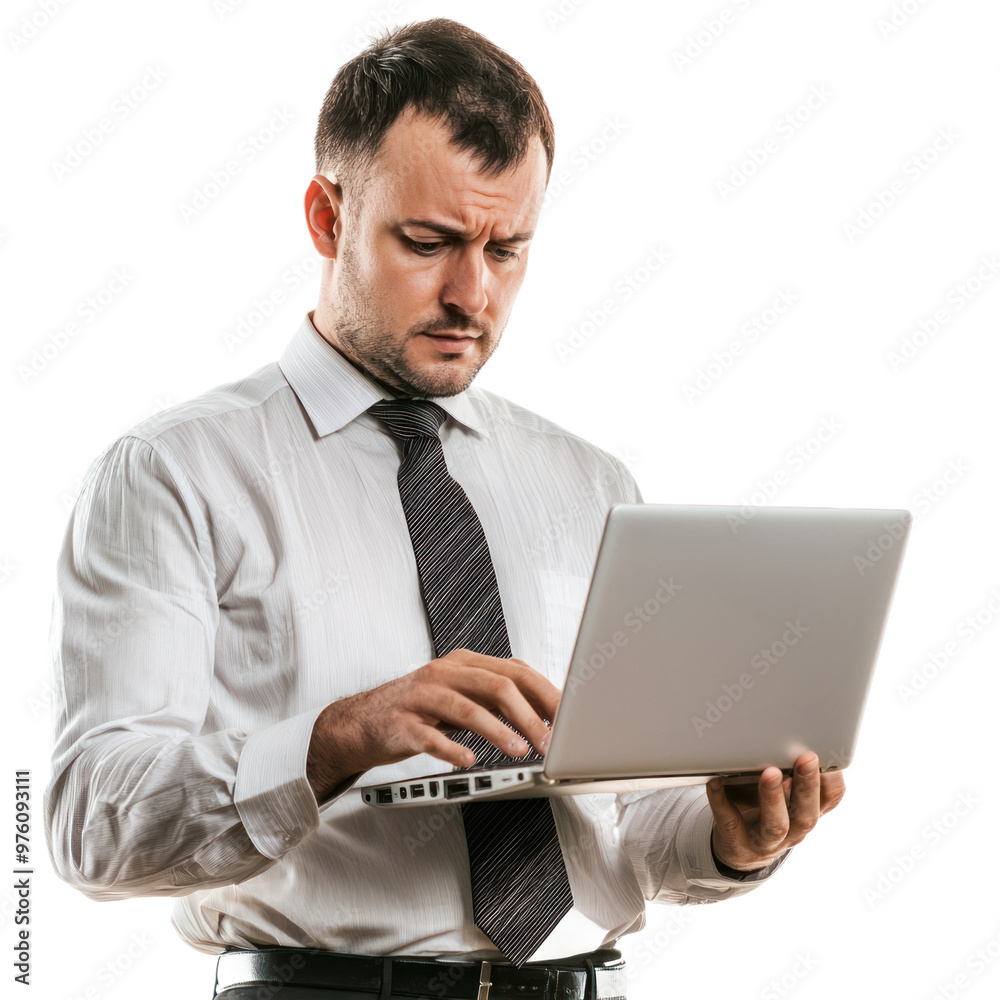 A database administrator holding a laptop, looking at the screen with a focused expression. isolated on transparency background A database administrator holding a laptop, looking at the screen with a focused expression. isolated on transparency background