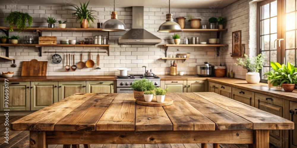 Rustic kitchen interior featuring a wooden table Rustic kitchen interior featuring a wooden table