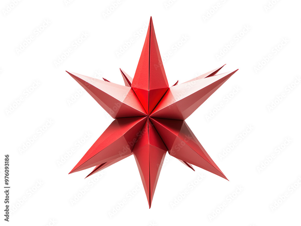 Red origami star with sharp folded edges, geometric design, isolated on a clean white background. PNG transparent. Red origami star with sharp folded edges, geometric design, isolated on a clean white background. PNG transparent.