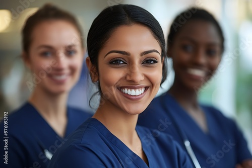 Portrait of smiling female doctor with team in hospital