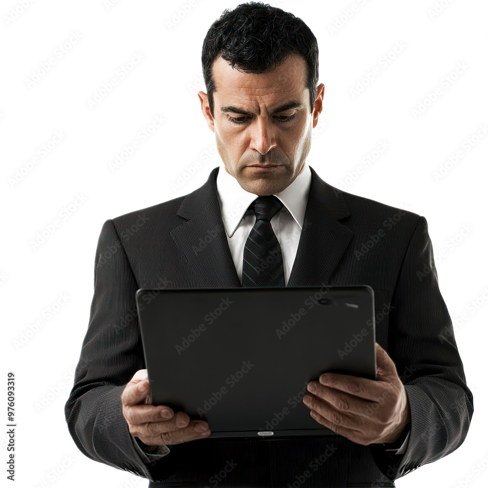 A database administrator holding a laptop, looking at the screen with a focused expression. isolated on transparency background A database administrator holding a laptop, looking at the screen with a focused expression. isolated on transparency background