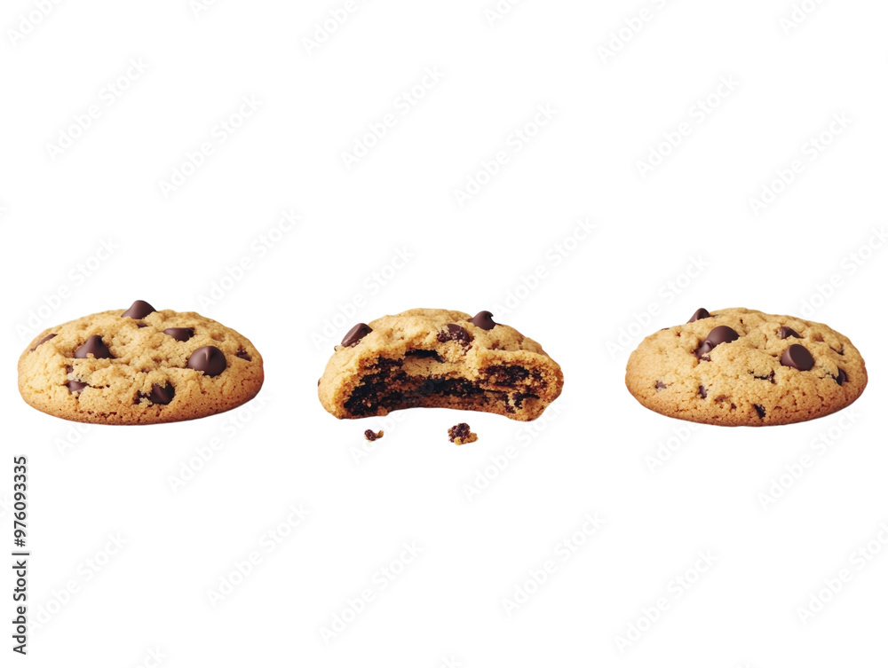Sequence of a chocolate chip cookie being eaten, from whole to crumbs, isolated. PNG transparent. Sequence of a chocolate chip cookie being eaten, from whole to crumbs, isolated. PNG transparent.