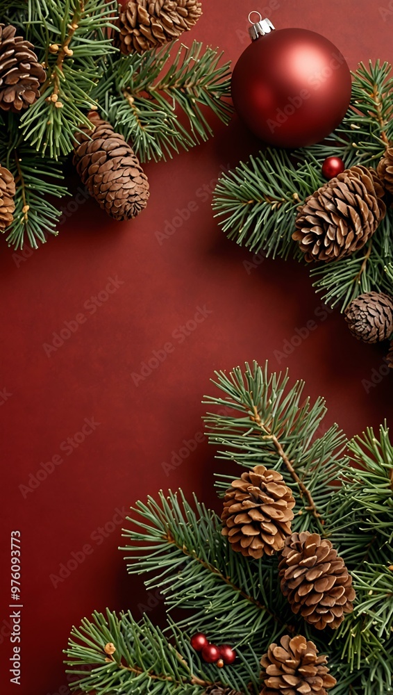 Festive holiday scene with pine branches, ornaments, nuts, and pinecones on a red background. Festive holiday scene with pine branches, ornaments, nuts, and pinecones on a red background.