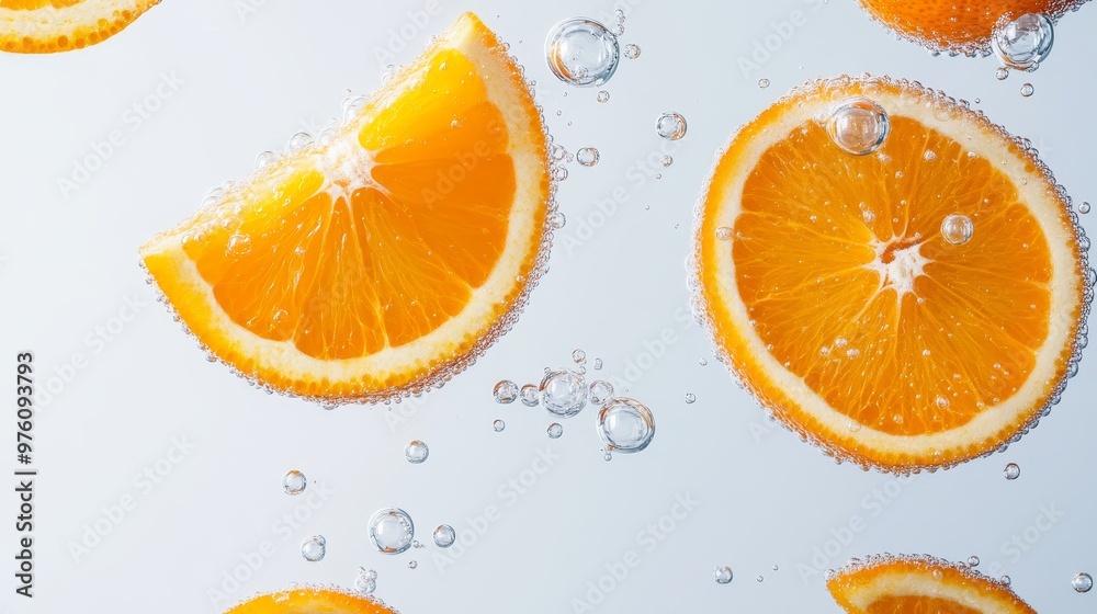 Close-up image of fresh orange slices suspended in a clear liquid, representing purity, vitality, and a healthy lifestyle. Bubbles surrounding the fruit symbolize effervescence and refreshment. Close-up image of fresh orange slices suspended in a clear liquid, representing purity, vitality, and a healthy lifestyle. Bubbles surrounding the fruit symbolize effervescence and refreshment.