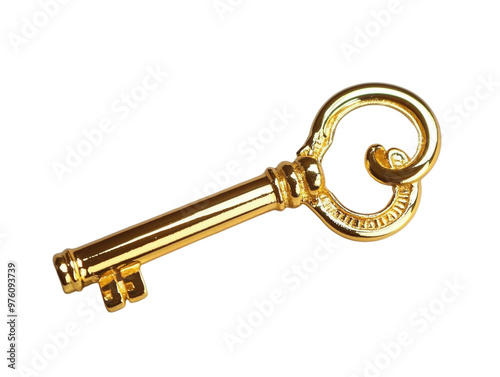 Shiny golden key isolated on a white background, showing its teeth and circular head. PNG transparent.