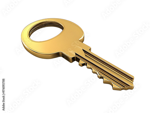 Shiny golden key isolated on a white background, showing its teeth and circular head. PNG transparent.