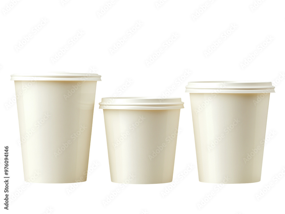 Set of three blank takeout coffee cups in different sizes, isolated on white. PNG transparent. Set of three blank takeout coffee cups in different sizes, isolated on white. PNG transparent.