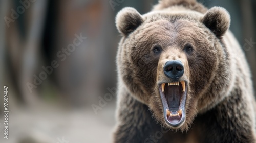 A grizzly bear stands aggressively, showing its teeth and roaring in a forest, surrounded by trees. The sunlight filters through the leaves, creating a wild atmosphere