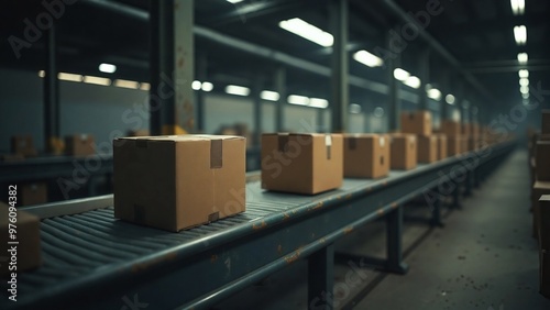 Automated Warehouse Conveyor Belt , A conveyor belt transporting a row of various sized cardboard boxes in a modern warehouse setting.