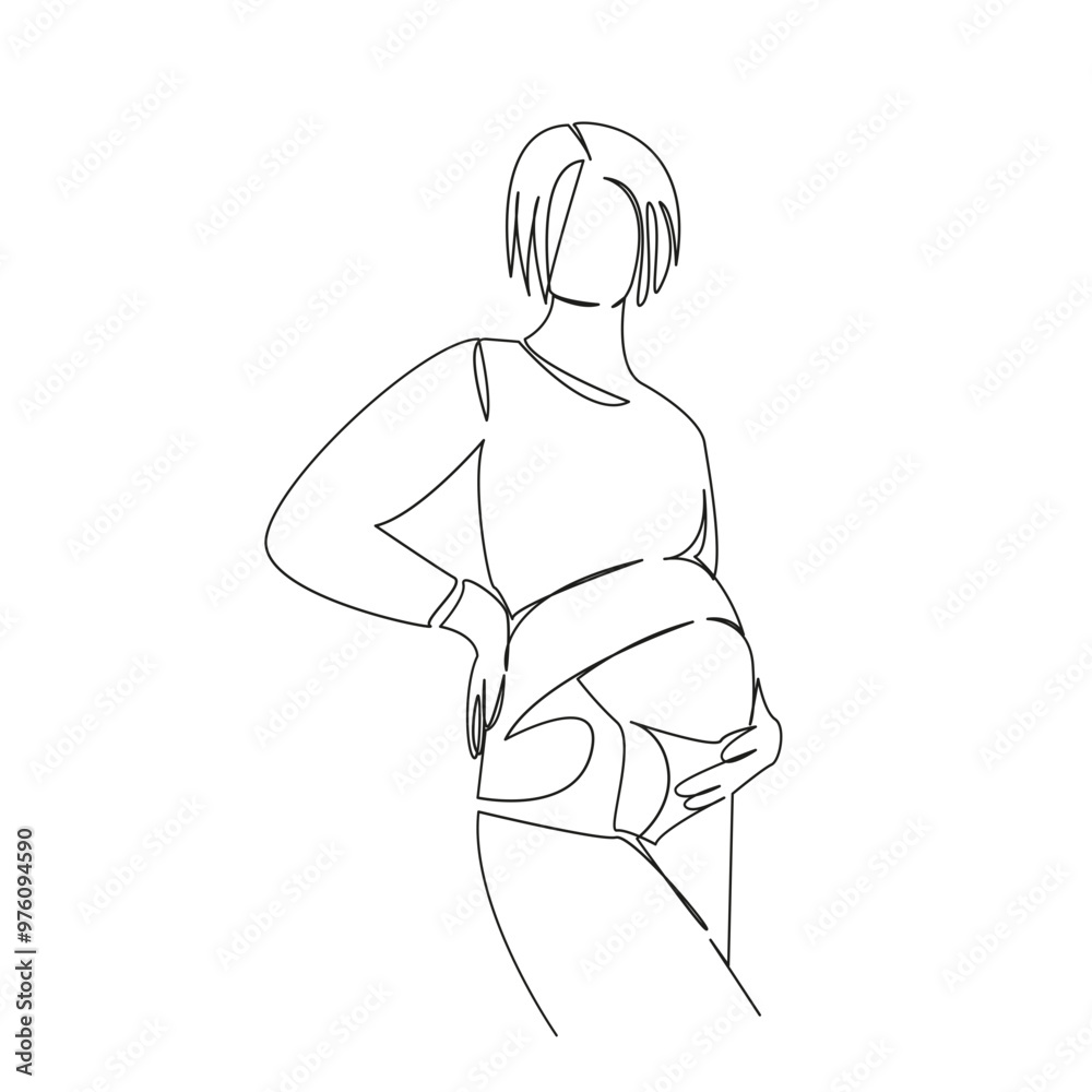 Φωτογραφία One continuous single drawing line art flat doodle  mother, pain, support, bandage, corset, belt, care, pregnant, woman, abdomen