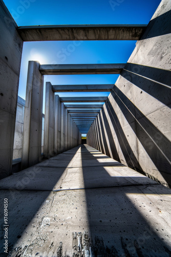 A striking architectural composition featuring long corridor of concrete beams casting dramatic shadows under clear blue sky. interplay of light and structure creates captivating visual experience photo