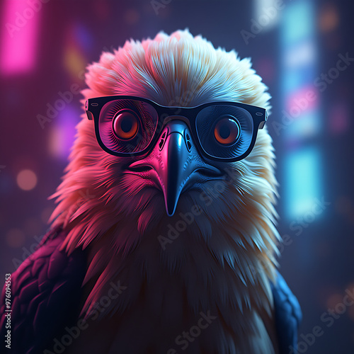 Futuristic bird animal with glasses with cyberpunk effect vibrant neon light background wallpaper photo