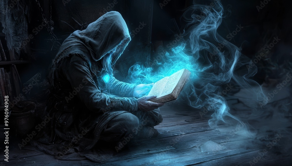 A mysterious figure reads an illuminated book, surrounded by enchanting blue smoke and shadows, evoking a sense of magic and wonder. A mysterious figure reads an illuminated book, surrounded by enchanting blue smoke and shadows, evoking a sense of magic and wonder.
