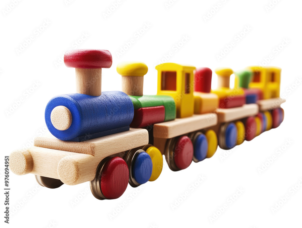 Wooden toy train with colorful carriages, isolated on white background. PNG transparent. Wooden toy train with colorful carriages, isolated on white background. PNG transparent.