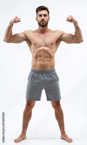 man showing strength gesture with arms isolated on Pastel Color Background,