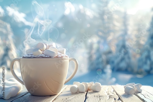 A cozy cup of hot chocolate topped with marshmallows, set against a serene winter landscape filled with snow and trees. photo