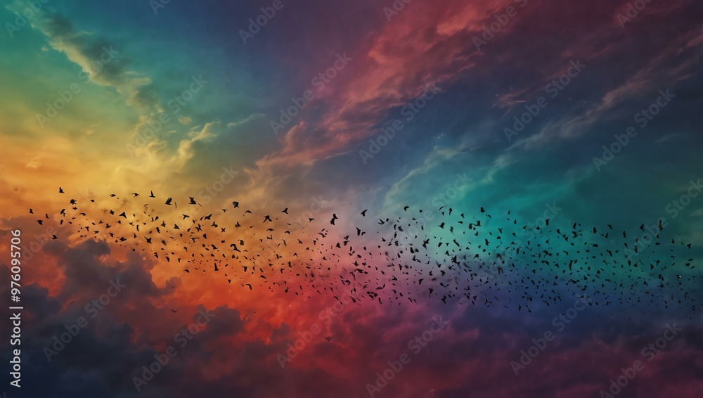 Flock of birds flying against a colorful abstract sky.