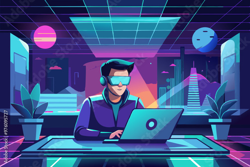 Virtual Reality Developer Working in High-Tech Futuristic Office, Gaming and Technology Concept