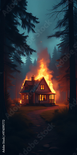 A house on fire in the forest at night