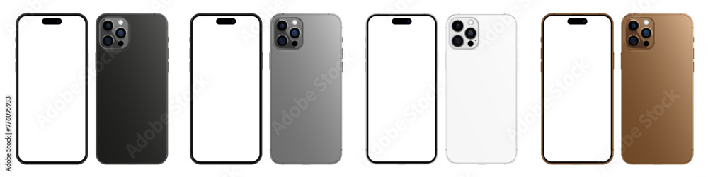 New iPhone 16 Pro, set in different colors. Mockup screen front view iphone with white screens and back side phone New iPhone 16 Pro, set in different colors. Mockup screen front view iphone with white screens and back side phone