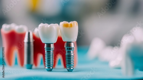 Dental Implants: Close-up of various dental implants, showcasing the restoration of teeth, providing a secure and natural solution for missing teeth, offering a confident and beautiful smile, enhancin photo