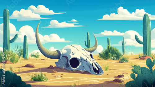 Cow Skull Lying On Ground In Middle Of Cactus Desert Cartoon Illustration For Childrens Book Desert Scene Colorful Cacti Cow Skull Whimsical Art Kids Storybook Adventure Rustic