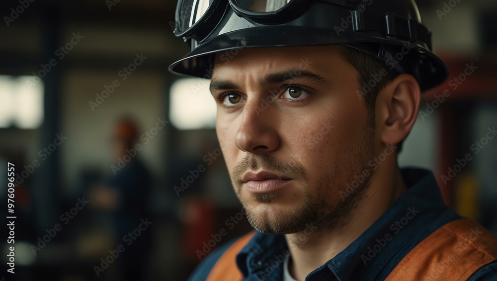 Focused worker portrait in industrial gear. Focused worker portrait in industrial gear.