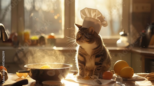 A playful cat wearing a chef hat, sitting in a sunlit kitchen, surrounded by fresh ingredients and a steaming pot. photo