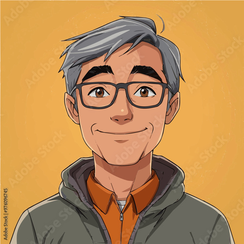 Vector illustration of a smiling middle-aged man with gray hair, wearing glasses, and a casual jacket. He exudes expertise and warmth, ideal for professional or business contexts.