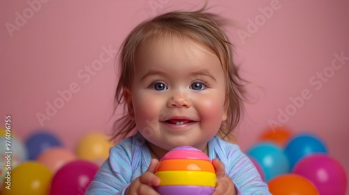 Child holding a toy and smiling, isolated on white background, joyful learning, full-body shot, colored background.