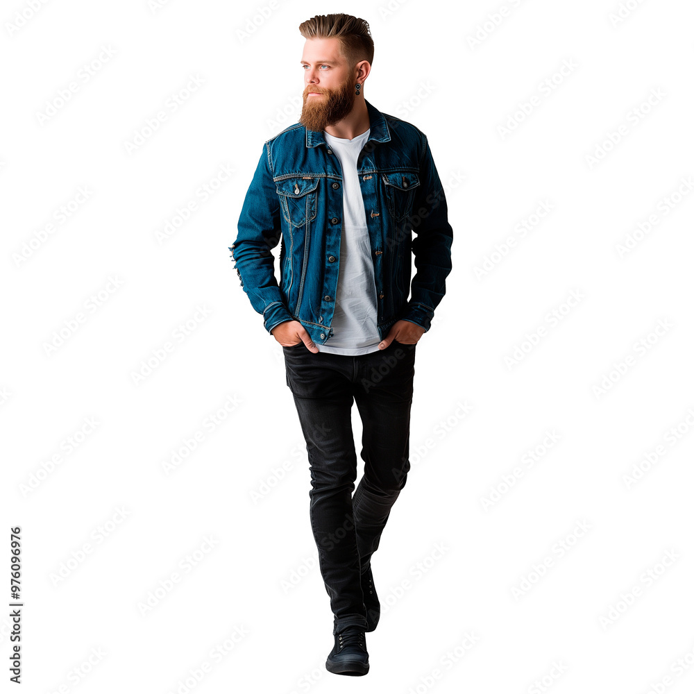Fototapeta premium A young bearded man in a denim jacket and black jeans walking, isolated on a transparent background. Symbolizes modern style, confidence, and fashion.