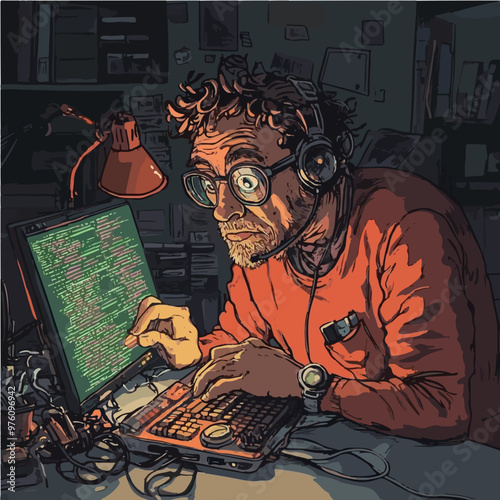 Stereotypical programmer coding intensely in a messy, dimly-lit workspace, showing dedication and late-night coding sessions.