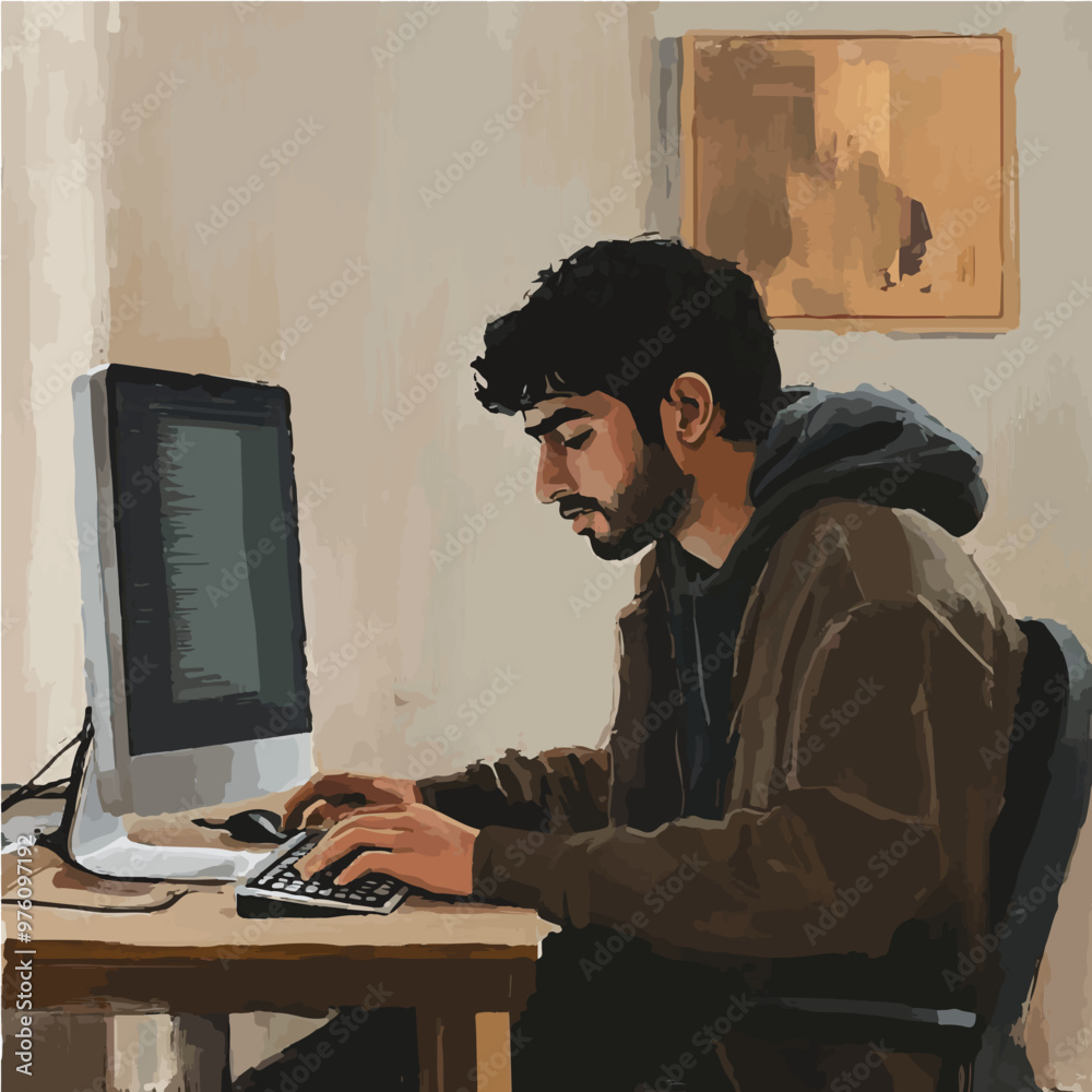 Vector art of a focused man coding at a computer in a minimalist setup ...