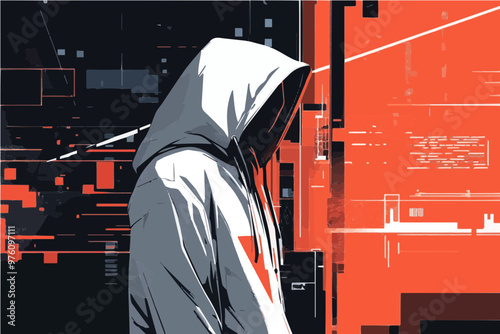Simplified vector illustration of a white-hat hacker in a tech-savvy environment, symbolizing ethical hacking and security.