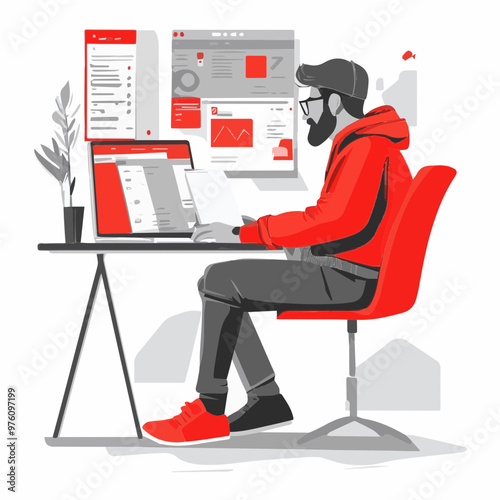 Flat vector illustration of a Kazakh developer working on a laptop, representing software development and remote work in tech.
